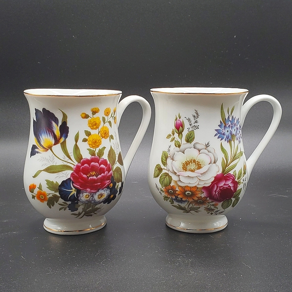 Vintage Floral Porcelain Mugs with Gold Rim Set Of 2